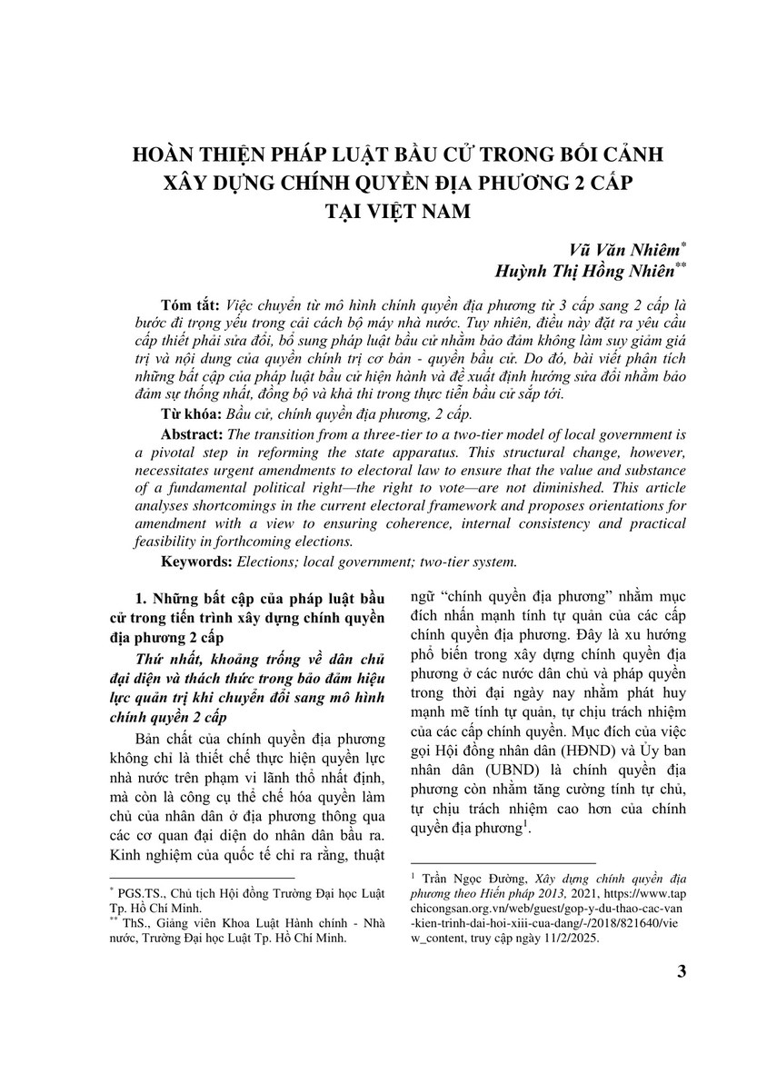 HOÀN THIỆN PHÁP LUẬT BẦU CỬ TRONG BỐI CẢNH XÂY DỰNG CHÍNH QUYỀN ĐỊA PHƯƠNG 2 CẤP TẠI VIỆT NAM