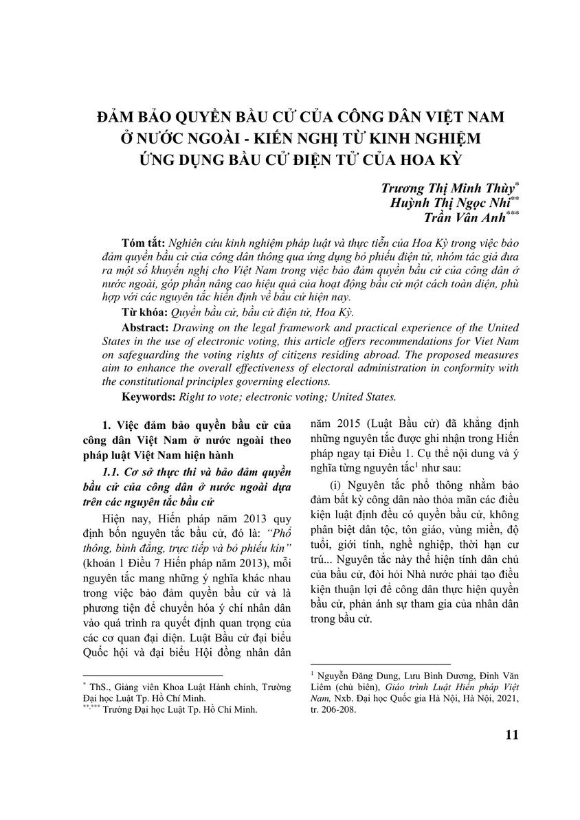 ĐẢM BẢO QUYỀN BẦU CỬ CỦA CÔNG DÂN VIỆT NAM Ở NƯỚC NGOÀI - KIẾN NGHỊ TỪ KINH NGHIỆM ỨNG DỤNG BẦU CỬ ĐIỆN TỬ CỦA HOA KỲ