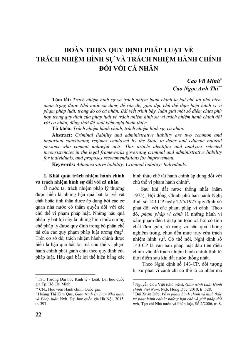 HOÀN THIỆN QUY ĐỊNH PHÁP LUẬT VỀ TRÁCH NHIỆM HÌNH SỰ VÀ TRÁCH NHIỆM HÀNH CHÍNH ĐỐI VỚI CÁ NHÂN
