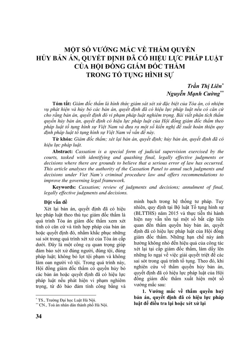 MỘT SỐ VƯỚNG MẮC VỀ THẨM QUYỀN HỦY BẢN ÁN, QUYẾT ĐỊNH ĐÃ CÓ HIỆU LỰC PHÁP LUẬT CỦA HỘI ĐỒNG GIÁM ĐỐC THẨM TRONG TỐ TỤNG HÌNH SỰ