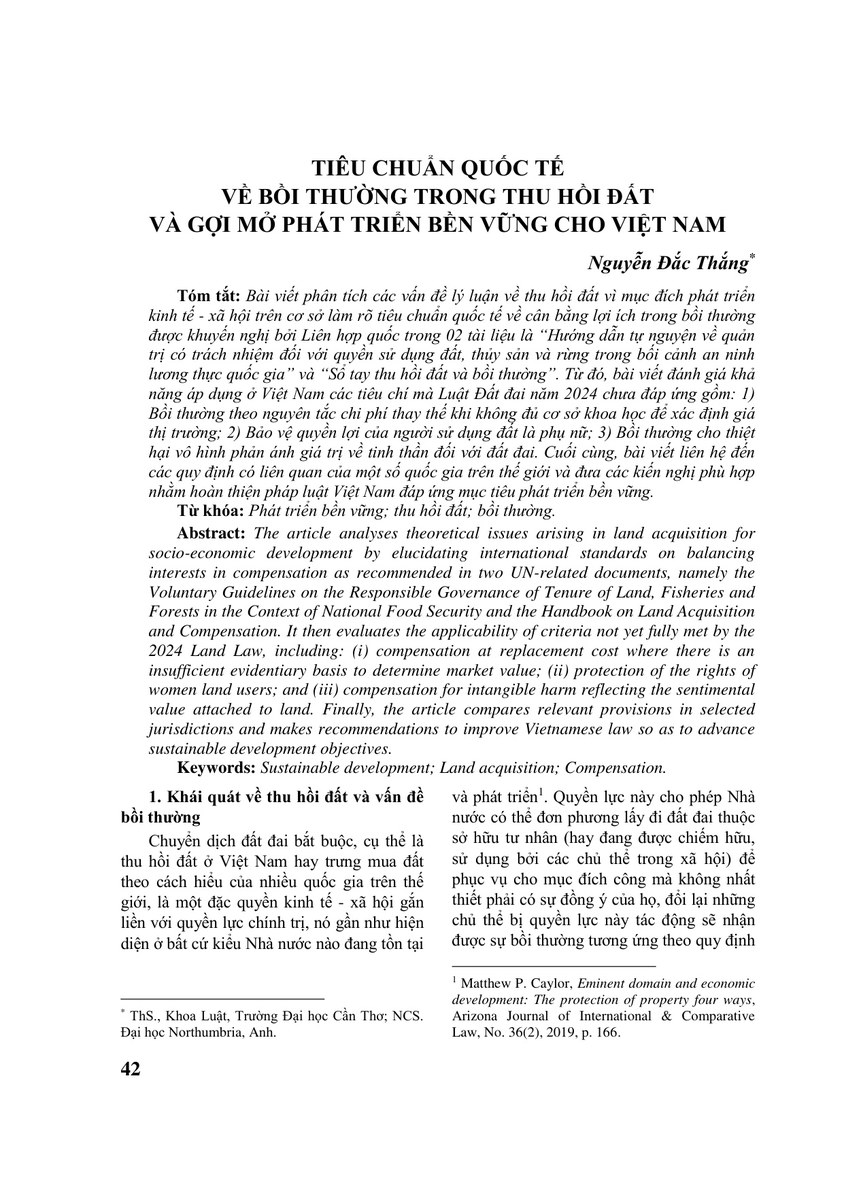 TIÊU CHUẨN QUỐC TẾ VỀ BỒI THƯỜNG TRONG THU HỒI ĐẤT VÀ GỢI MỞ PHÁT TRIỂN BỀN VỮNG CHO VIỆT NAM