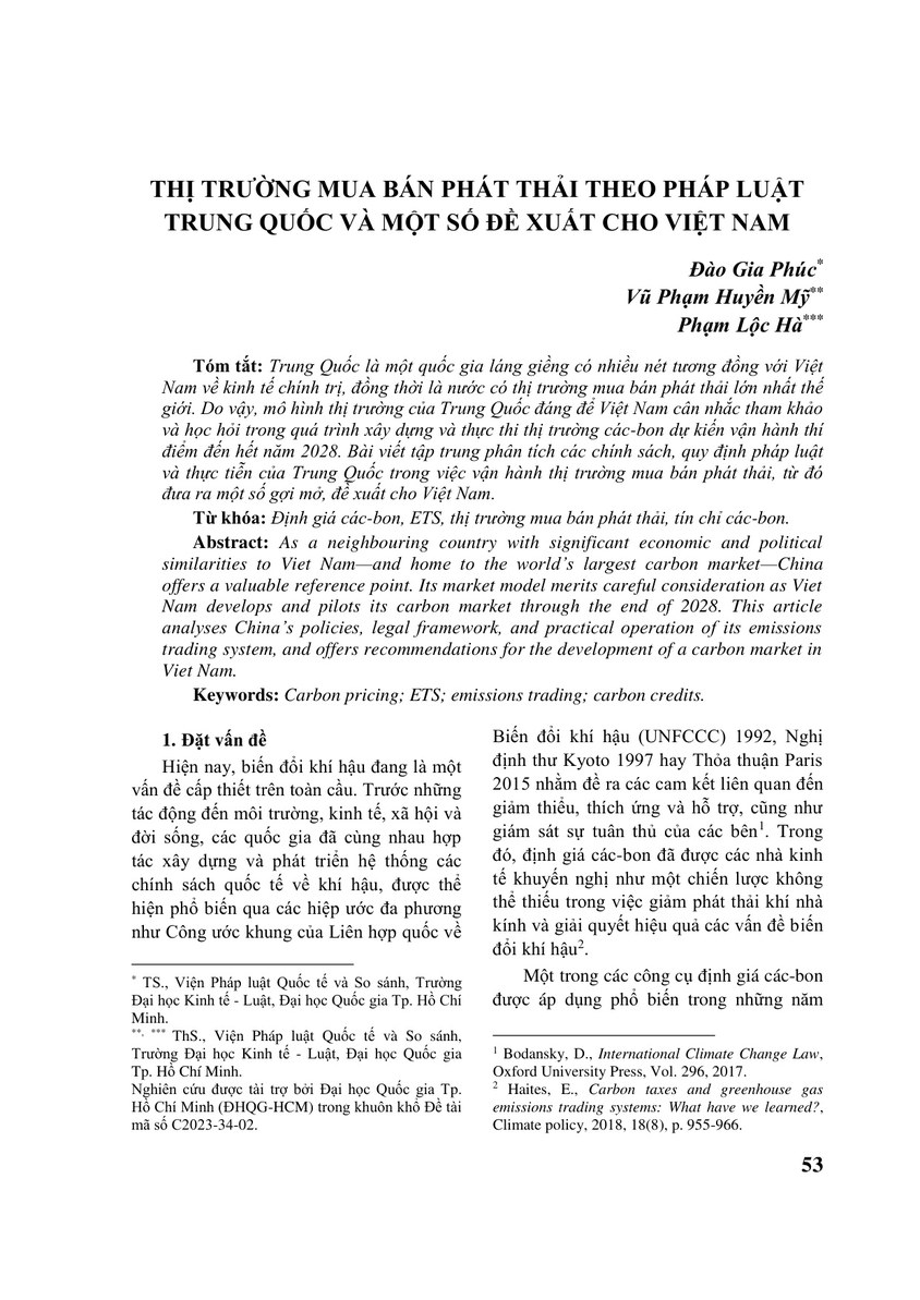 THỊ TRƯỜNG MUA BÁN PHÁT THẢI THEO PHÁP LUẬT TRUNG QUỐC VÀ MỘT SỐ ĐỀ XUẤT CHO VIỆT NAM