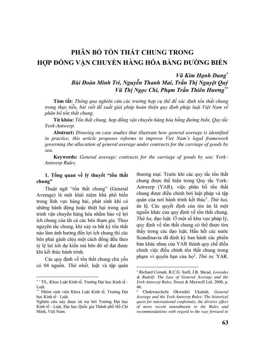 PHÂN BỔ TỔN THẤT CHUNG TRONG HỢP ĐỒNG VẬN CHUYỂN HÀNG HÓA BẰNG ĐƯỜNG BIỂN