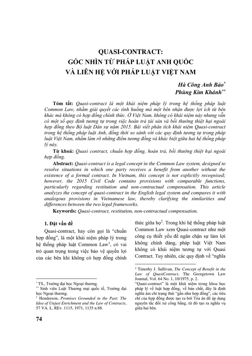 QUASI-CONTRACT: GÓC NHÌN TỪ PHÁP LUẬT ANH QUỐC VÀ LIÊN HỆ VỚI PHÁP LUẬT VIỆT NAM
