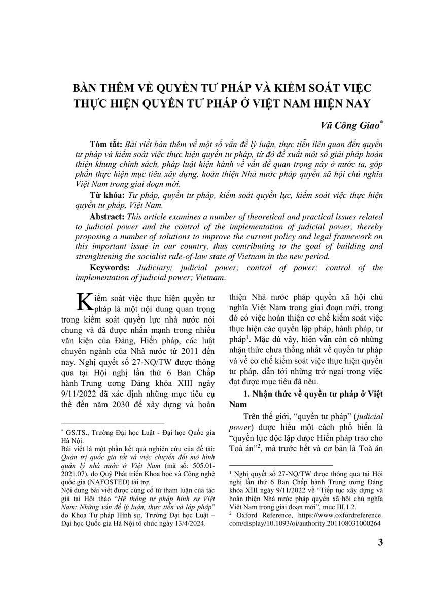 BÀN THÊM VỀ QUYỀN TƯ PHÁP VÀ KIỂM SOÁT VIỆC THỰC HIỆN QUYỀN TƯ PHÁP Ở VIỆT NAM HIỆN NAY