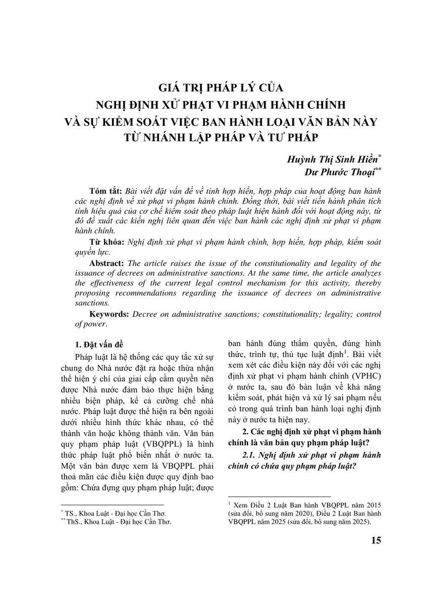 GIÁ TRỊ PHÁP LÝ CỦA NGHỊ ĐỊNH XỬ PHẠT VI PHẠM HÀNH CHÍNH VÀ SỰ KIỂM SOÁT VIỆC BAN HÀNH LOẠI VĂN BẢN NÀY TỪ NHÁNH LẬP PHÁP VÀ TƯ PHÁP