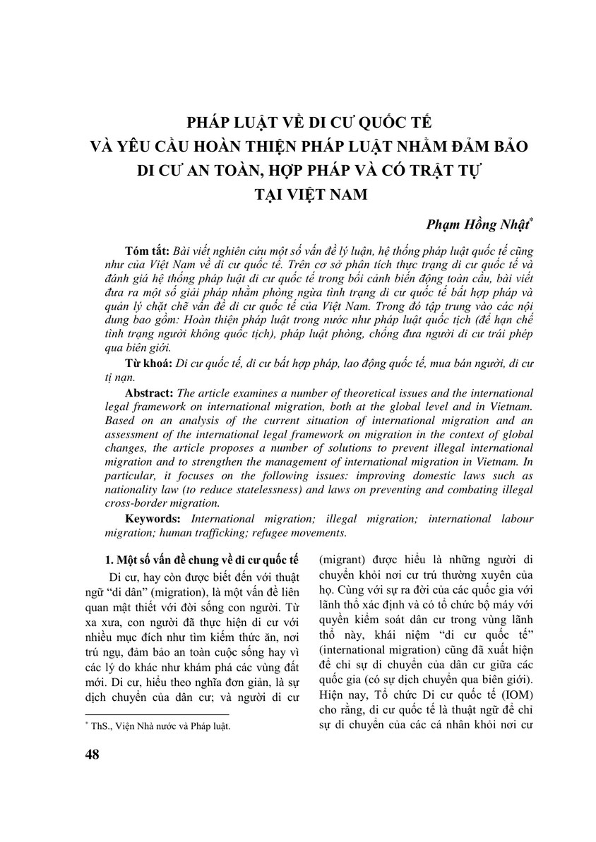 PHÁP LUẬT VỀ DI CƯ QUỐC TẾ VÀ YÊU CẦU HOÀN THIỆN PHÁP LUẬT NHẰM ĐẢM BẢO DI CƯ AN TOÀN, HỢP PHÁP VÀ CÓ TRẬT TỰ TẠI VIỆT NAM