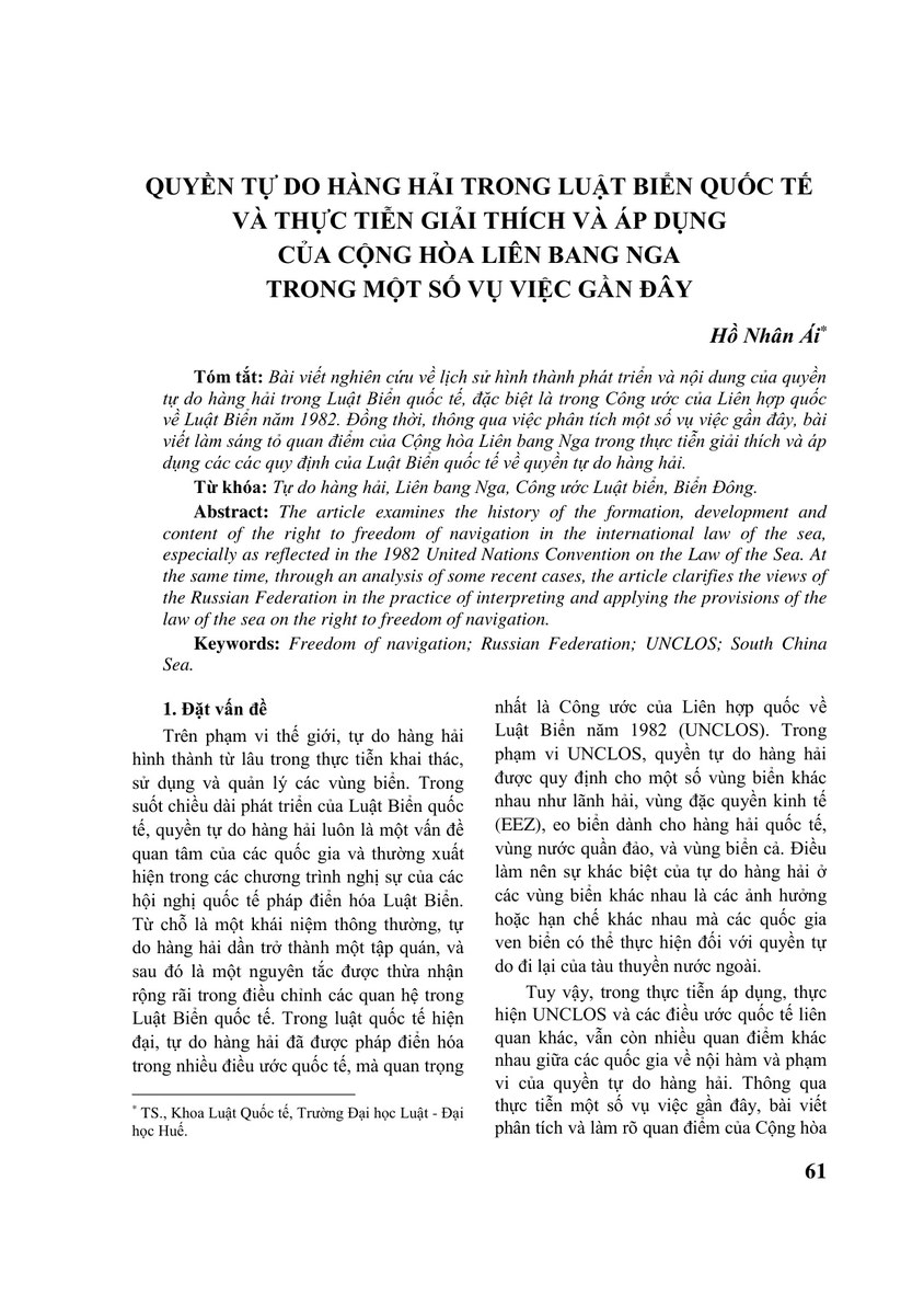 QUYỀN TỰ DO HÀNG HẢI TRONG LUẬT BIỂN QUỐC TẾ VÀ THỰC TIỄN GIẢI THÍCH VÀ ÁP DỤNG CỦA CỘNG HÒA LIÊN BANG NGA TRONG MỘT SỐ VỤ VIỆC GẦN ĐÂY