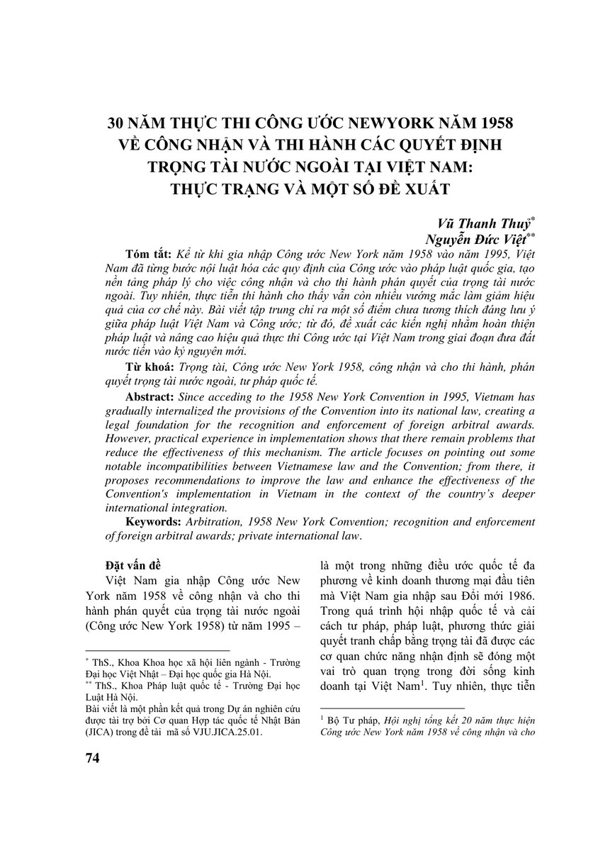 30 NĂM THỰC THI CÔNG ƯỚC NEWYORK NĂM 1958 VỀ CÔNG NHẬN VÀ THI HÀNH CÁC QUYẾT ĐỊNH TRỌNG TÀI NƯỚC NGOÀI TẠI VIỆT NAM: THỰC TRẠNG VÀ MỘT SỐ ĐỀ XUẤT