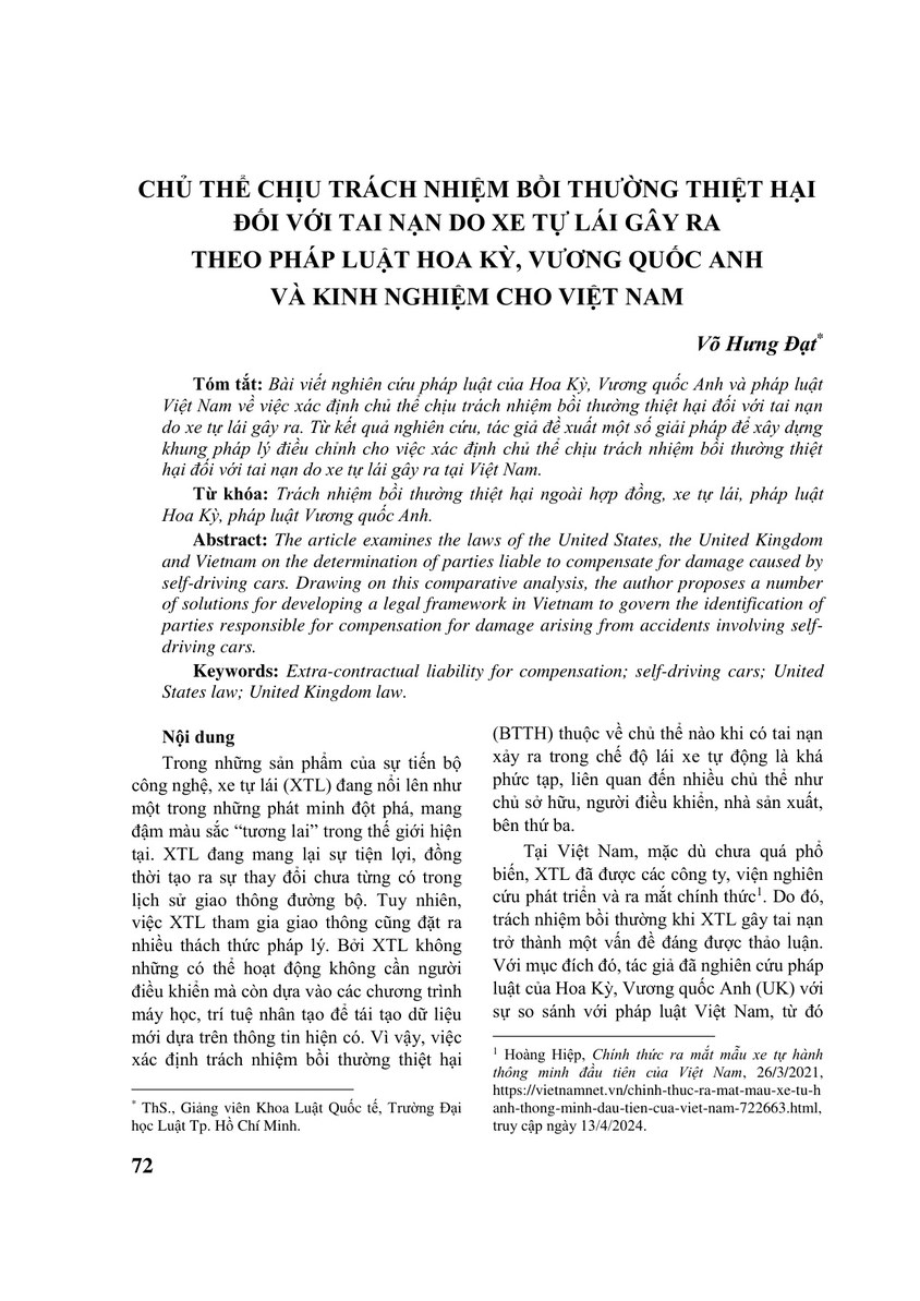 CHỦ THỂ CHỊU TRÁCH NHIỆM BỒI THƯỜNG THIỆT HẠI ĐỐI VỚI TAI NẠN DO XE TỰ LÁI GÂY RA THEO PHÁP LUẬT HOA KỲ, VƯƠNG QUỐC ANH VÀ KINH NGHIỆM CHO VIỆT NAM