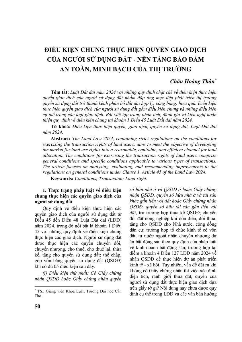 ĐIỀU KIỆN CHUNG THỰC HIỆN QUYỀN GIAO DỊCH CỦA NGƯỜI SỬ DỤNG ĐẤT - NỀN TẢNG BẢO ĐẢM AN TOÀN, MINH BẠCH CỦA THỊ TRƯỜNG