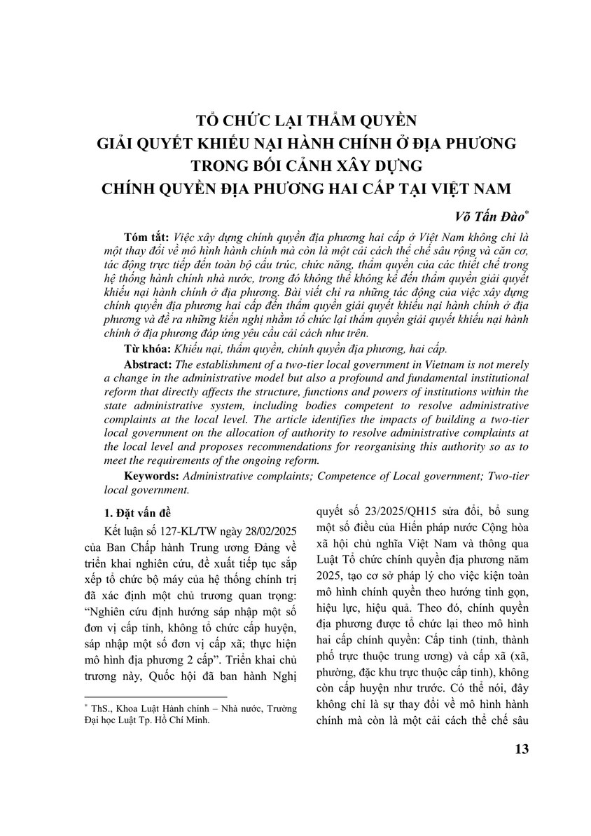 TỔ CHỨC LẠI THẨM QUYỀN GIẢI QUYẾT KHIẾU NẠI HÀNH CHÍNH Ở ĐỊA PHƯƠNG TRONG BỐI CẢNH XÂY DỰNG CHÍNH QUYỀN ĐỊA PHƯƠNG HAI CẤP TẠI VIỆT NAM
