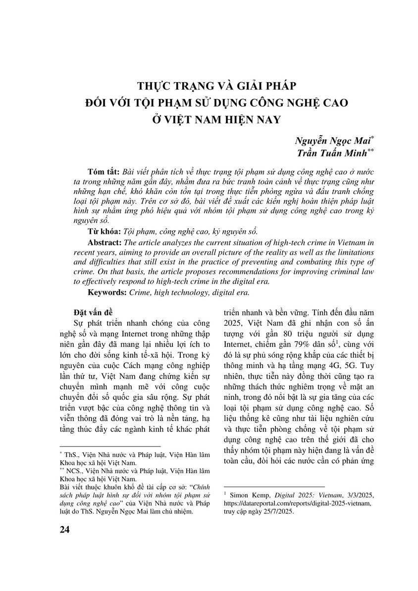 THỰC TRẠNG VÀ GIẢI PHÁP ĐỐI VỚI TỘI PHẠM SỬ DỤNG CÔNG NGHỆ CAO Ở VIỆT NAM HIỆN NAY