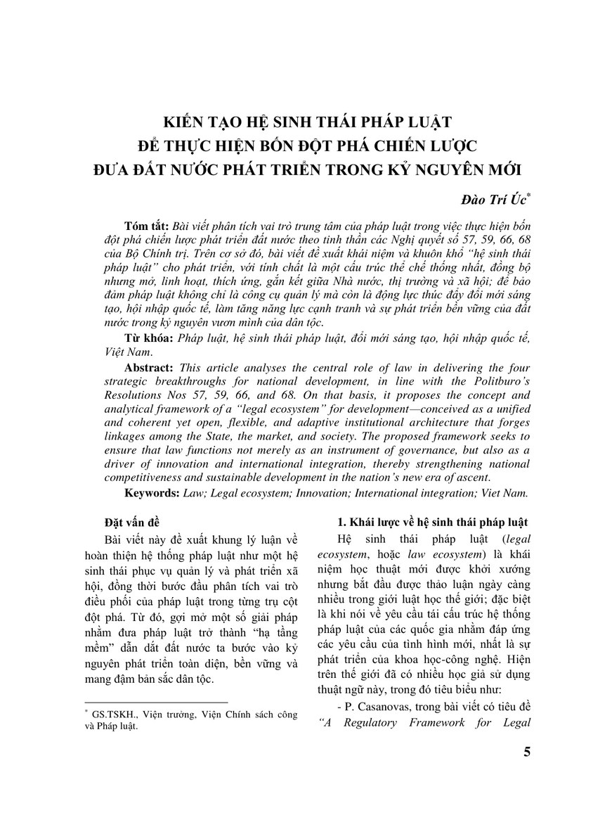 KIẾN TẠO HỆ SINH THÁI PHÁP LUẬT ĐỂ THỰC HIỆN BỐN ĐỘT PHÁ CHIẾN LƯỢC ĐƯA ĐẤT NƯỚC PHÁT TRIỂN TRONG KỶ NGUYÊN MỚI