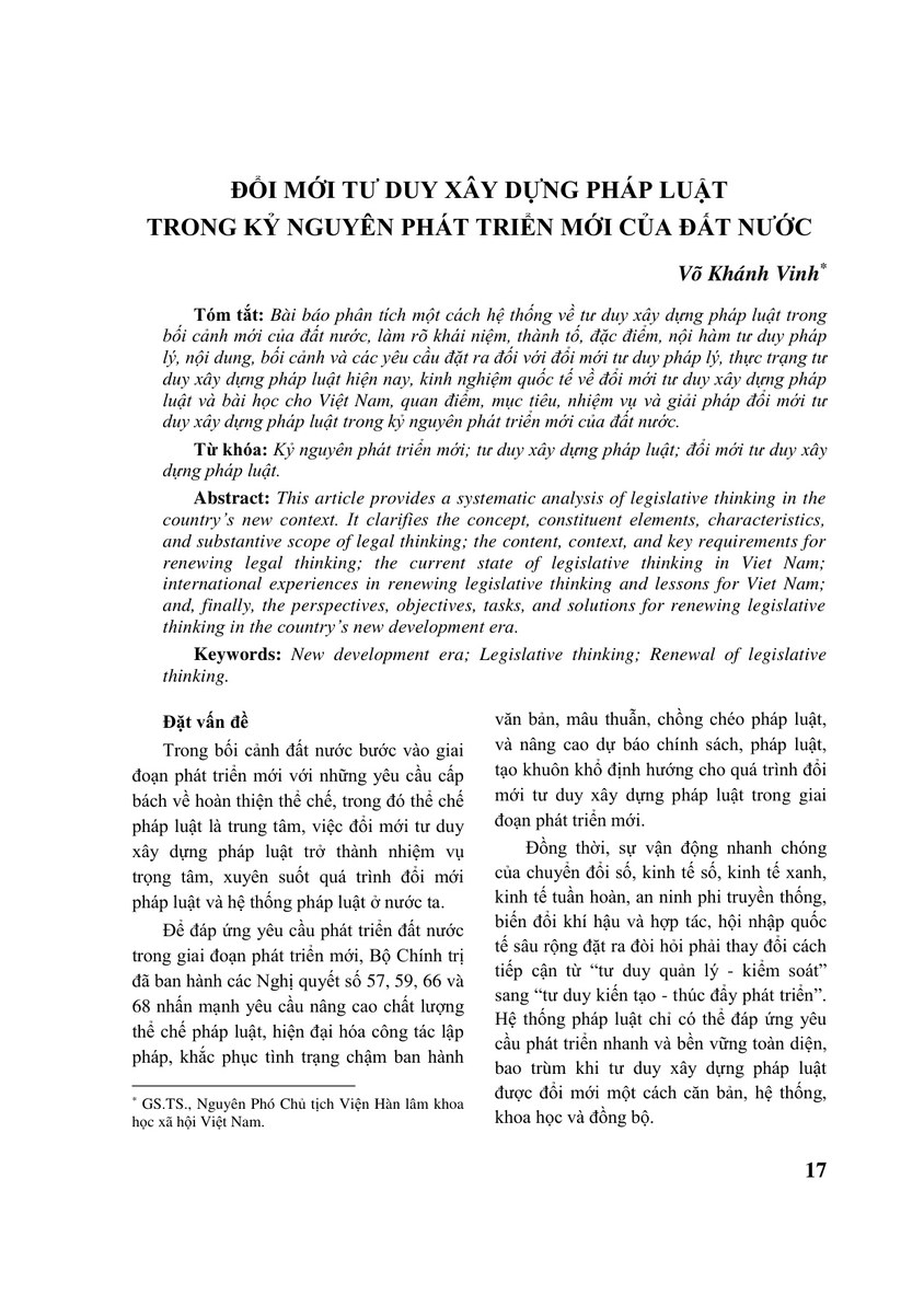 ĐỔI MỚI TƯ DUY XÂY DỰNG PHÁP LUẬT TRONG KỶ NGUYÊN PHÁT TRIỂN MỚI CỦA ĐẤT NƯỚC