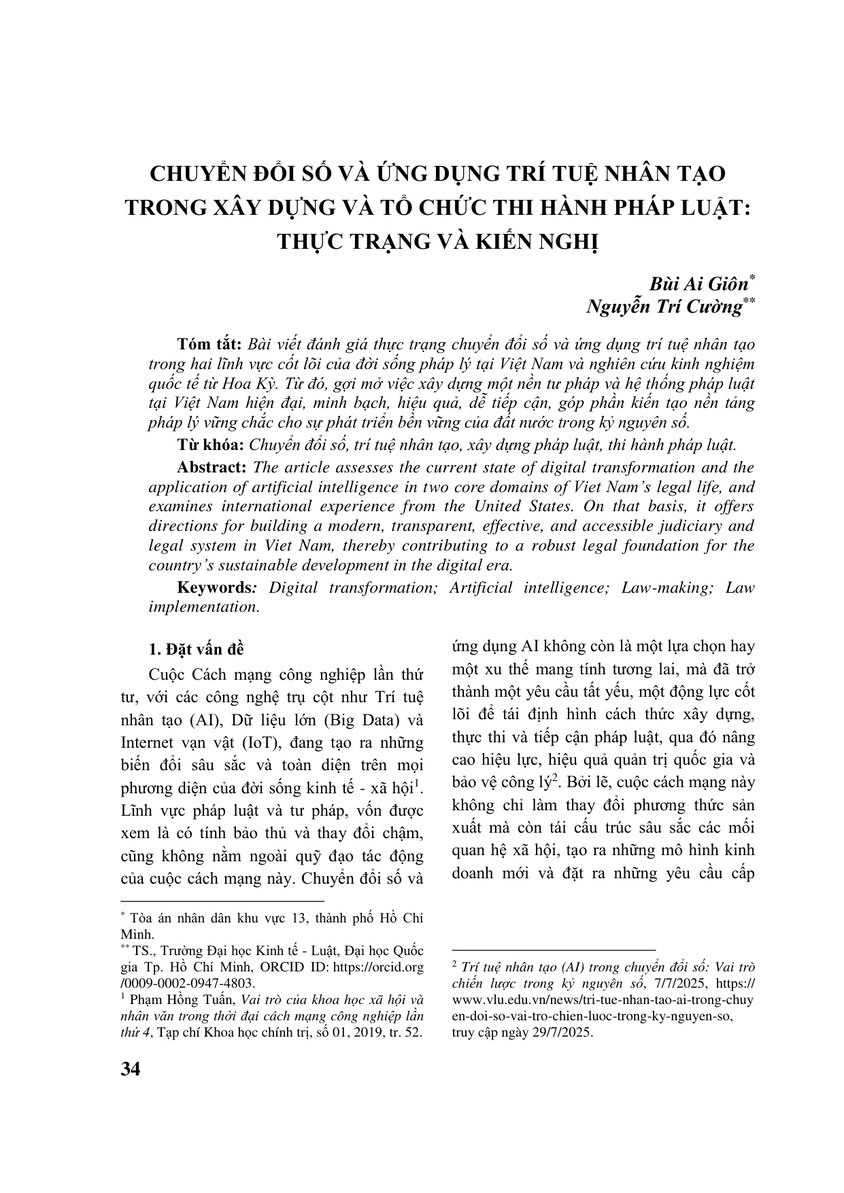 CHUYỂN ĐỔI SỐ VÀ ỨNG DỤNG TRÍ TUỆ NHÂN TẠO TRONG XÂY DỰNG VÀ TỔ CHỨC THI HÀNH PHÁP LUẬT: THỰC TRẠNG VÀ KIẾN NGHỊ