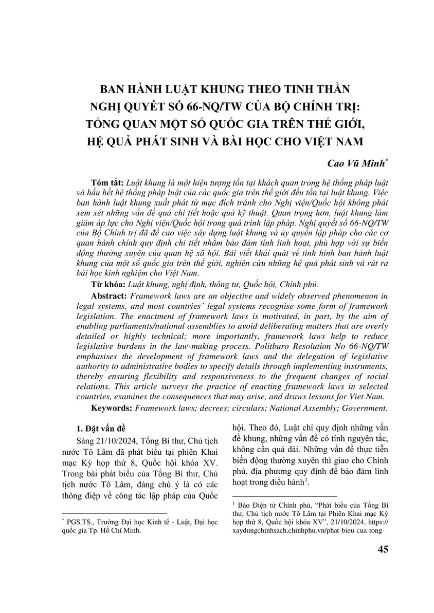 BAN HÀNH LUẬT KHUNG THEO TINH THẦN NGHỊ QUYẾT SỐ 66-NQ/TW CỦA BỘ CHÍNH TRỊ: TỔNG QUAN MỘT SỐ QUỐC GIA TRÊN THẾ GIỚI, HỆ QUẢ PHÁT SINH VÀ BÀI HỌC CHO VIỆT NAM