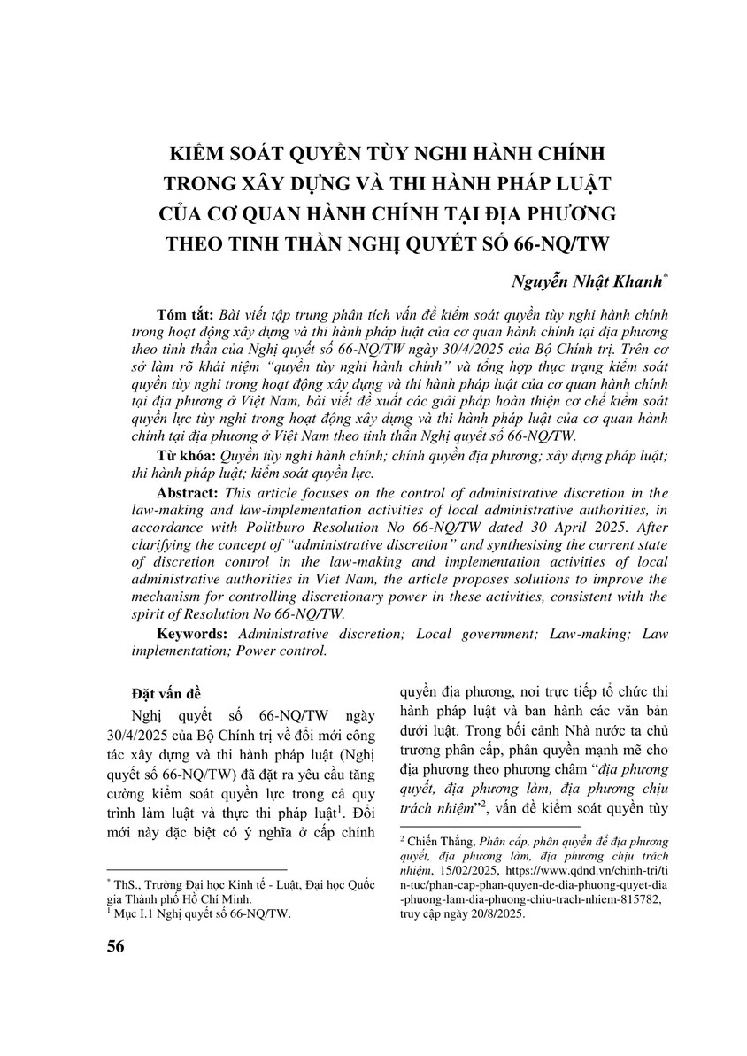 KIỂM SOÁT QUYỀN TÙY NGHI HÀNH CHÍNH TRONG XÂY DỰNG VÀ THI HÀNH PHÁP LUẬT CỦA CƠ QUAN HÀNH CHÍNH TẠI ĐỊA PHƯƠNG THEO TINH THẦN NGHỊ QUYẾT SỐ 66-NQ/TW