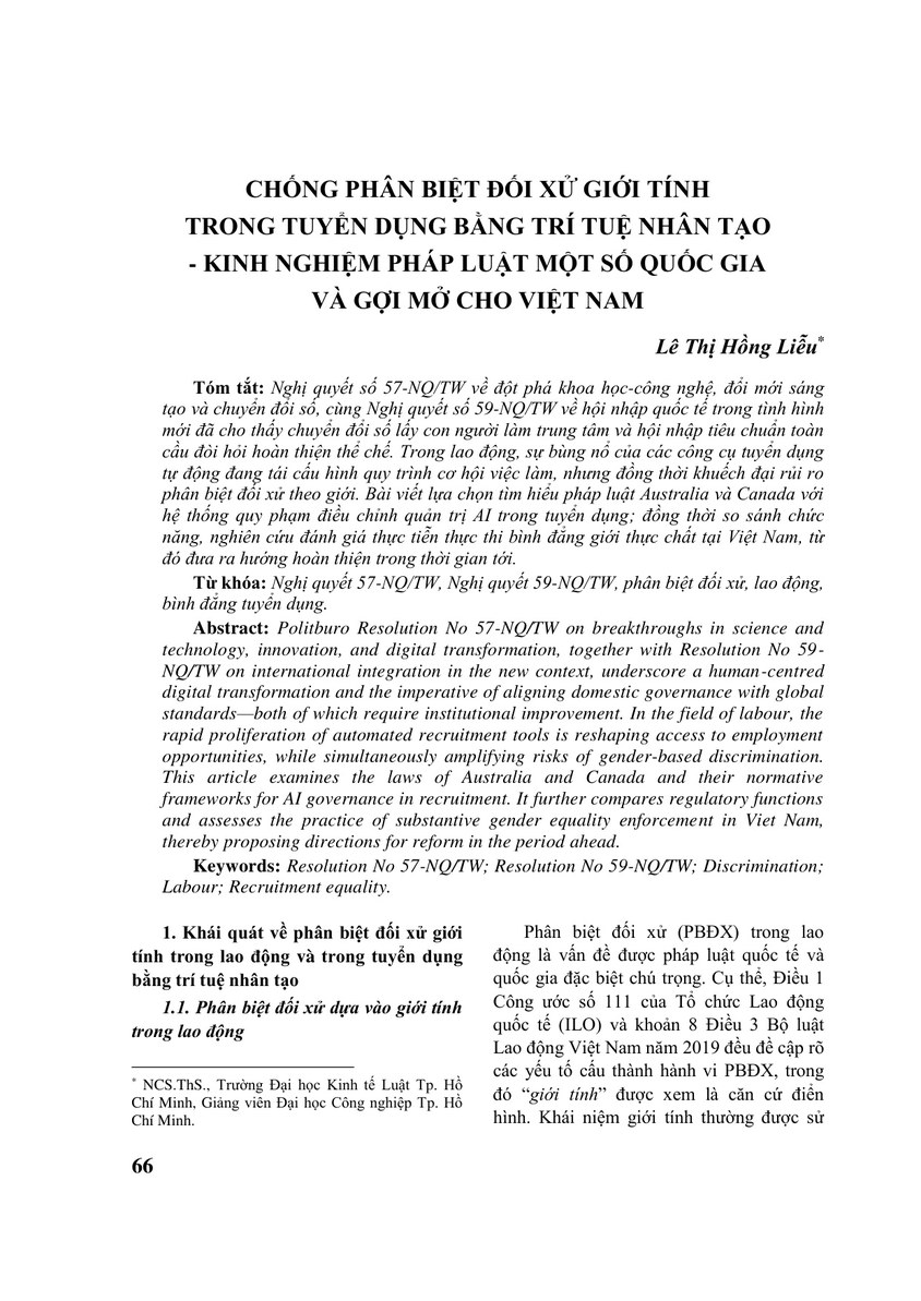 CHỐNG PHÂN BIỆT ĐỐI XỬ GIỚI TÍNH TRONG TUYỂN DỤNG BẰNG TRÍ TUỆ NHÂN TẠO - KINH NGHIỆM PHÁP LUẬT MỘT SỐ QUỐC GIA VÀ GỢI MỞ CHO VIỆT NAM