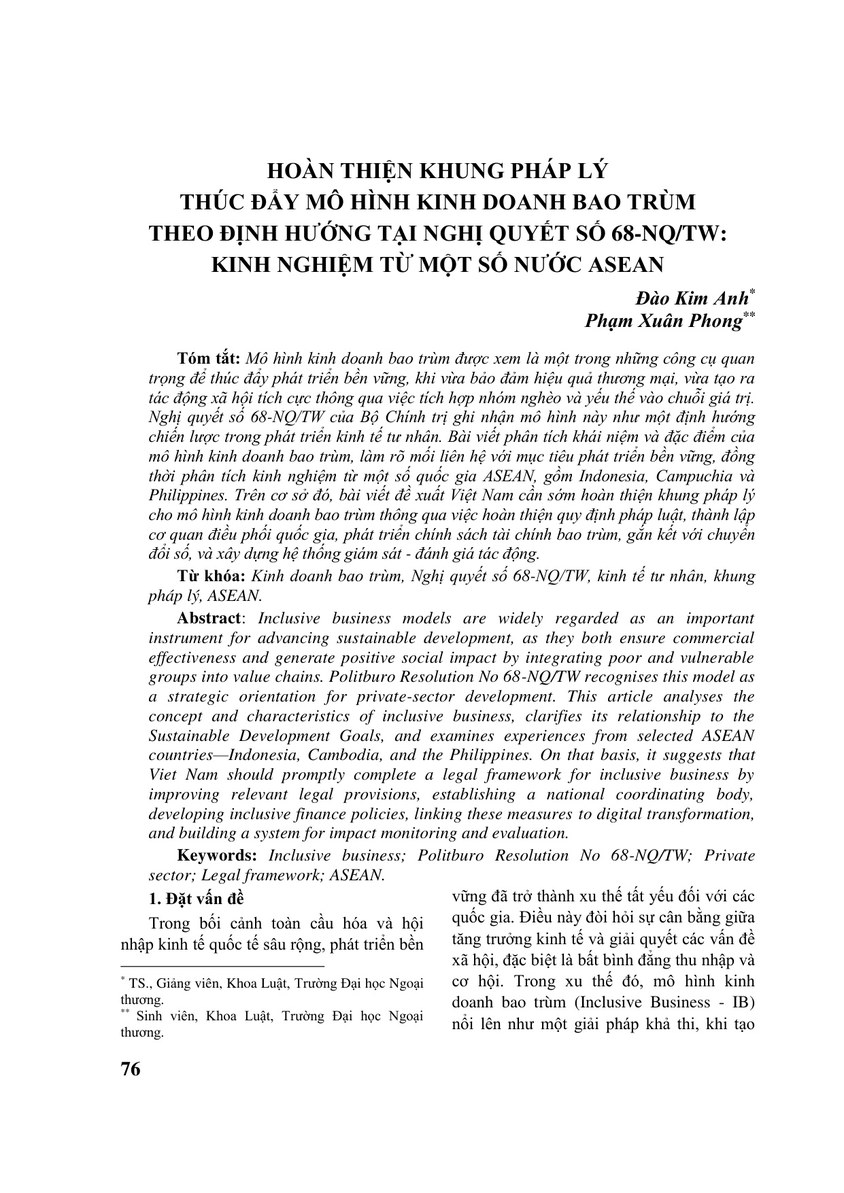 HOÀN THIỆN KHUNG PHÁP LÝ THÚC ĐẨY MÔ HÌNH KINH DOANH BAO TRÙM THEO ĐỊNH HƯỚNG TẠI NGHỊ QUYẾT SỐ 68-NQ/TW: KINH NGHIỆM TỪ MỘT SỐ NƯỚC ASEAN