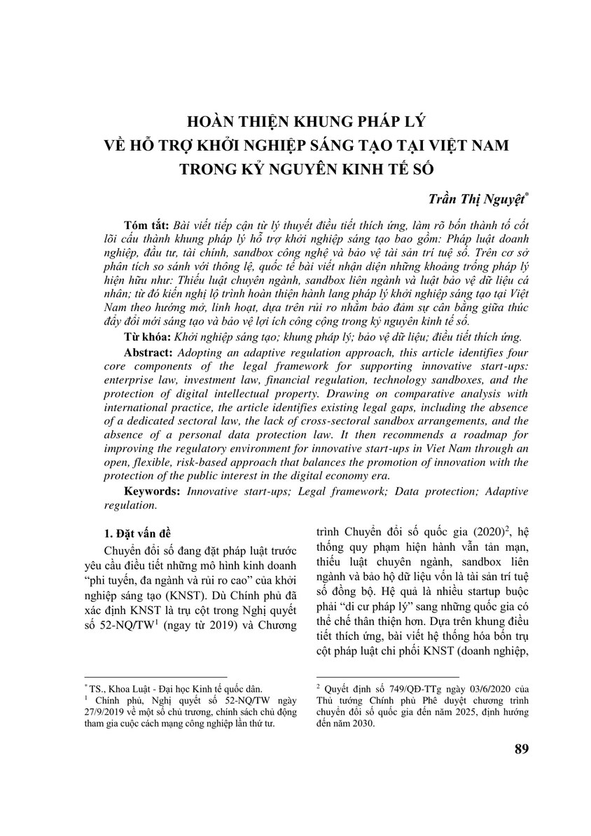 HOÀN THIỆN KHUNG PHÁP LÝ VỀ HỖ TRỢ KHỞI NGHIỆP SÁNG TẠO TẠI VIỆT NAM TRONG KỶ NGUYÊN KINH TẾ SỐ