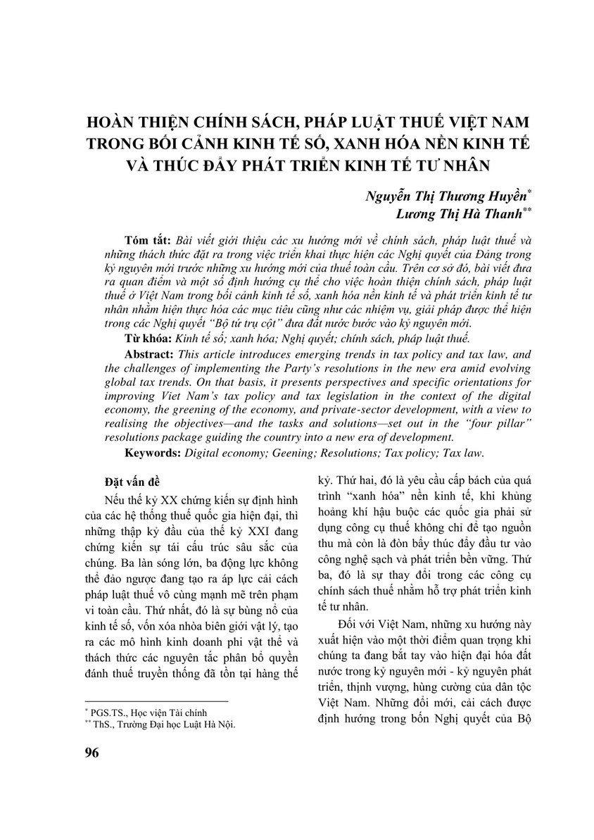 HOÀN THIỆN CHÍNH SÁCH, PHÁP LUẬT THUẾ VIỆT NAM TRONG BỐI CẢNH KINH TẾ SỐ, XANH HÓA NỀN KINH TẾ VÀ THÚC ĐẨY PHÁT TRIỂN KINH TẾ TƯ NHÂN