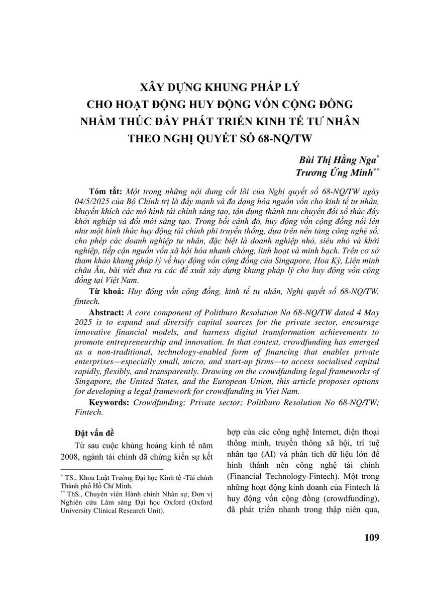 XÂY DỰNG KHUNG PHÁP LÝ CHO HOẠT ĐỘNG HUY ĐỘNG VỐN CỘNG ĐỒNG NHẰM THÚC ĐẨY PHÁT TRIỂN KINH TẾ TƯ NHÂN THEO NGHỊ QUYẾT SỐ 68-NQ/TW