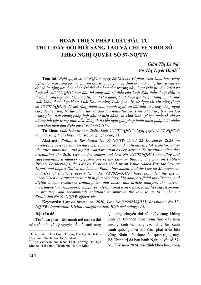 HOÀN THIỆN PHÁP LUẬT ĐẦU TƯ THÚC ĐẨY ĐỔI MỚI SÁNG TẠO VÀ CHUYỂN ĐỔI SỐ THEO NGHỊ QUYẾT SỐ 57-NQ/TW