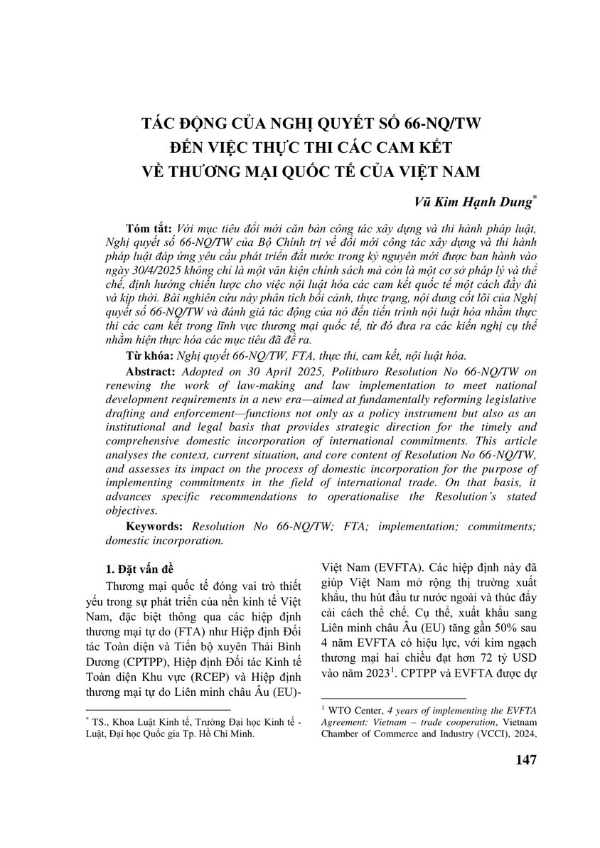 TÁC ĐỘNG CỦA NGHỊ QUYẾT SỐ 66-NQ/TW ĐẾN VIỆC THỰC THI CÁC CAM KẾT VỀ THƯƠNG MẠI QUỐC TẾ CỦA VIỆT NAM