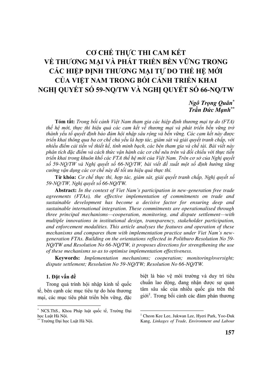 CƠ CHẾ THỰC THI CAM KẾT VỀ THƯƠNG MẠI VÀ PHÁT TRIỂN BỀN VỮNG TRONG CÁC HIỆP ĐỊNH THƯƠNG MẠI TỰ DO THẾ HỆ MỚI CỦA VIỆT NAM TRONG BỐI CẢNH TRIỂN KHAI NGHỊ QUYẾT SỐ 59-NQ/TW VÀ NGHỊ QUYẾT SỐ 66-NQ/TW